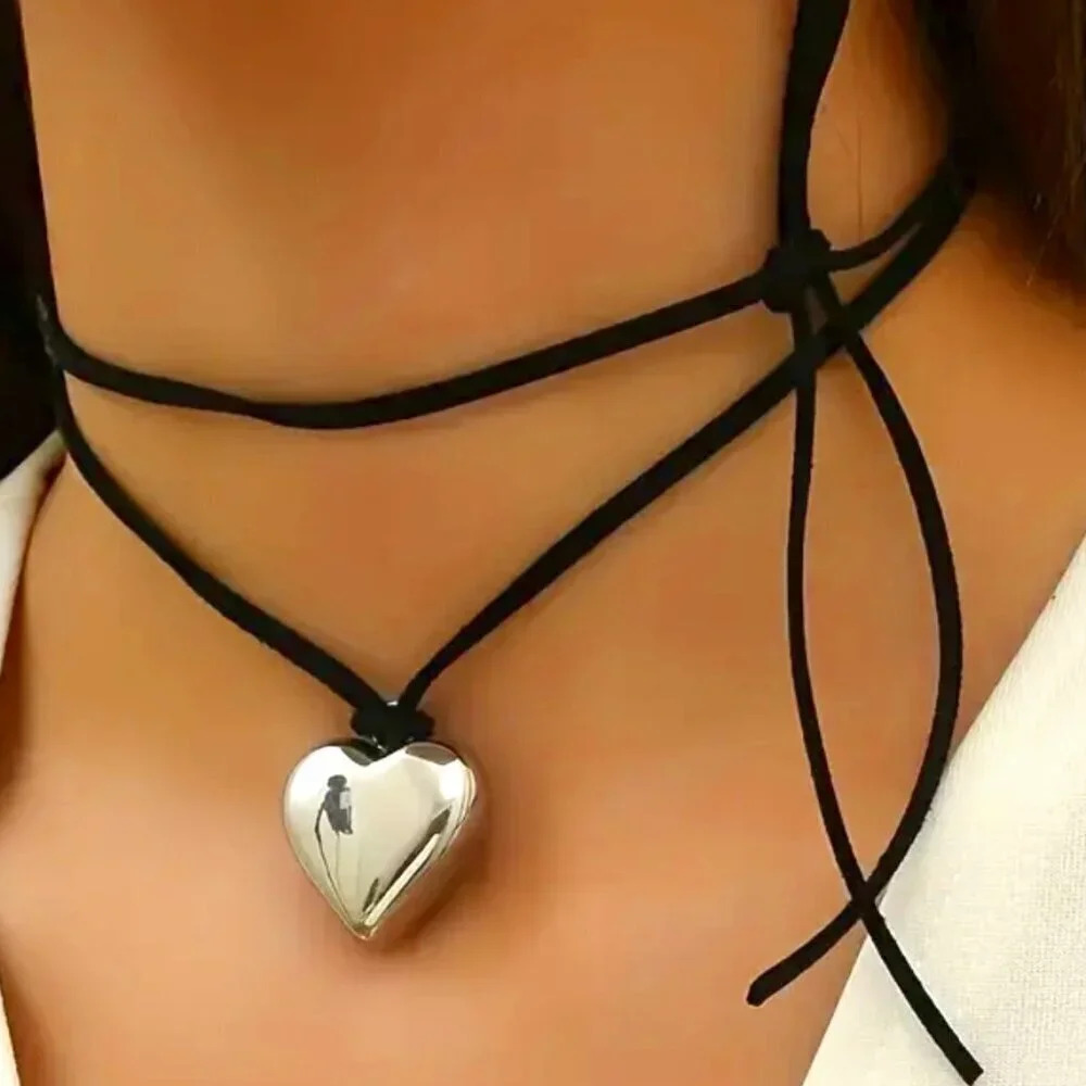 Women's Pendant Necklace with Silver Heart and Black Rope